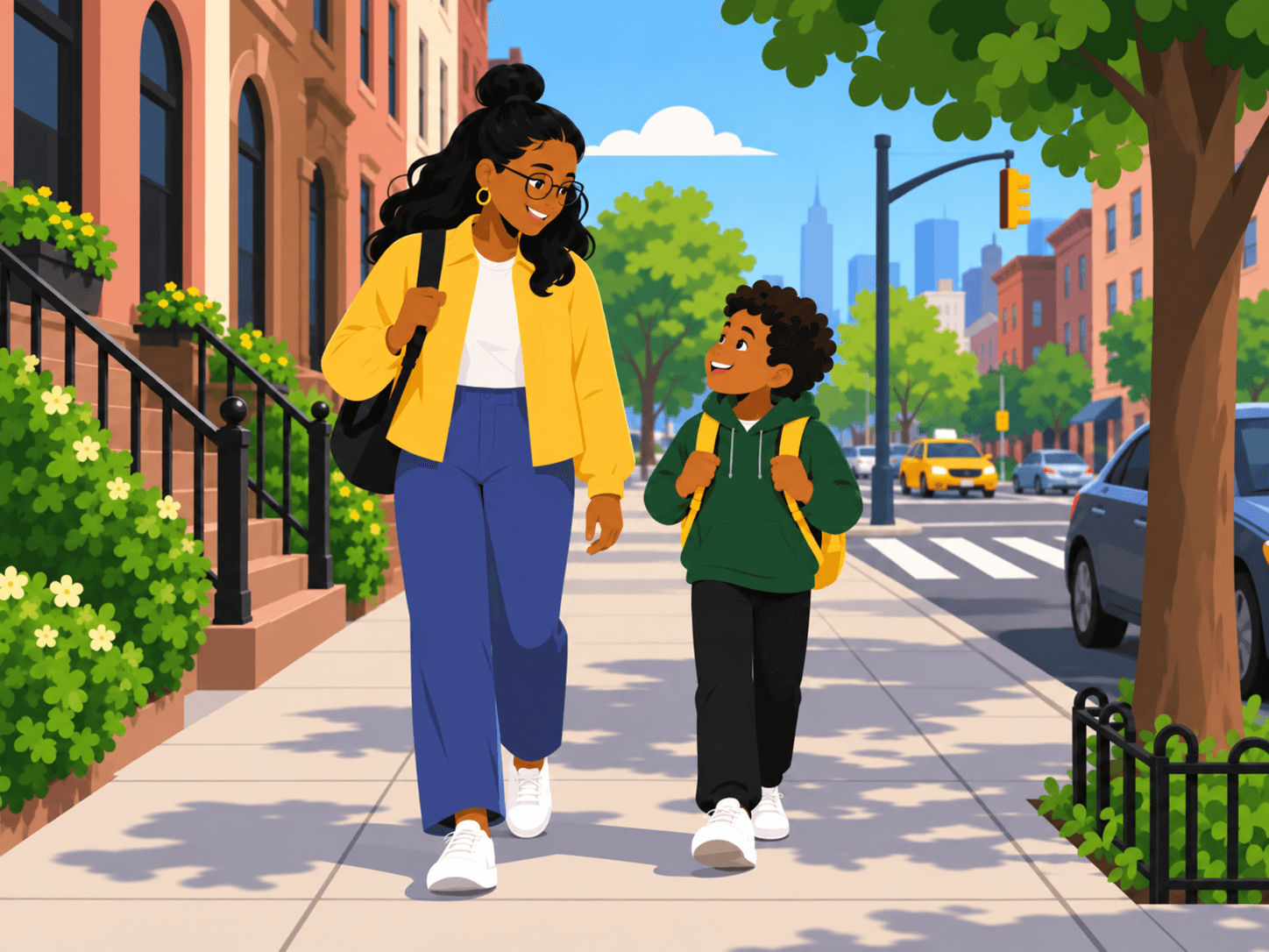 A Buddi walking a child home along a neighborhood sidewalk