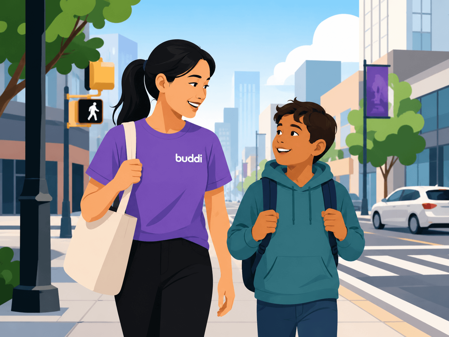 Student Buddi outside a school